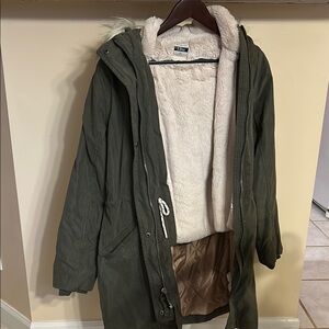 Abercrombie & Fitch Cream and Green Long Hooded Coat